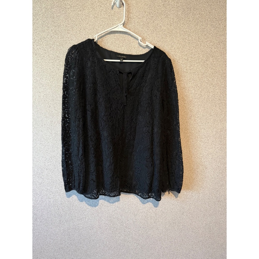 Talbots Black Lace Blouse Top‎ XL Long Sleeve Tie Neck Elegant